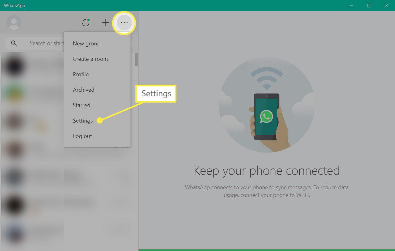 Επιλέγοντας Ρυθμίσεις στη διεπαφή WhatsApp στην επιφάνεια εργασίας και το πρόγραμμα περιήγησης.
