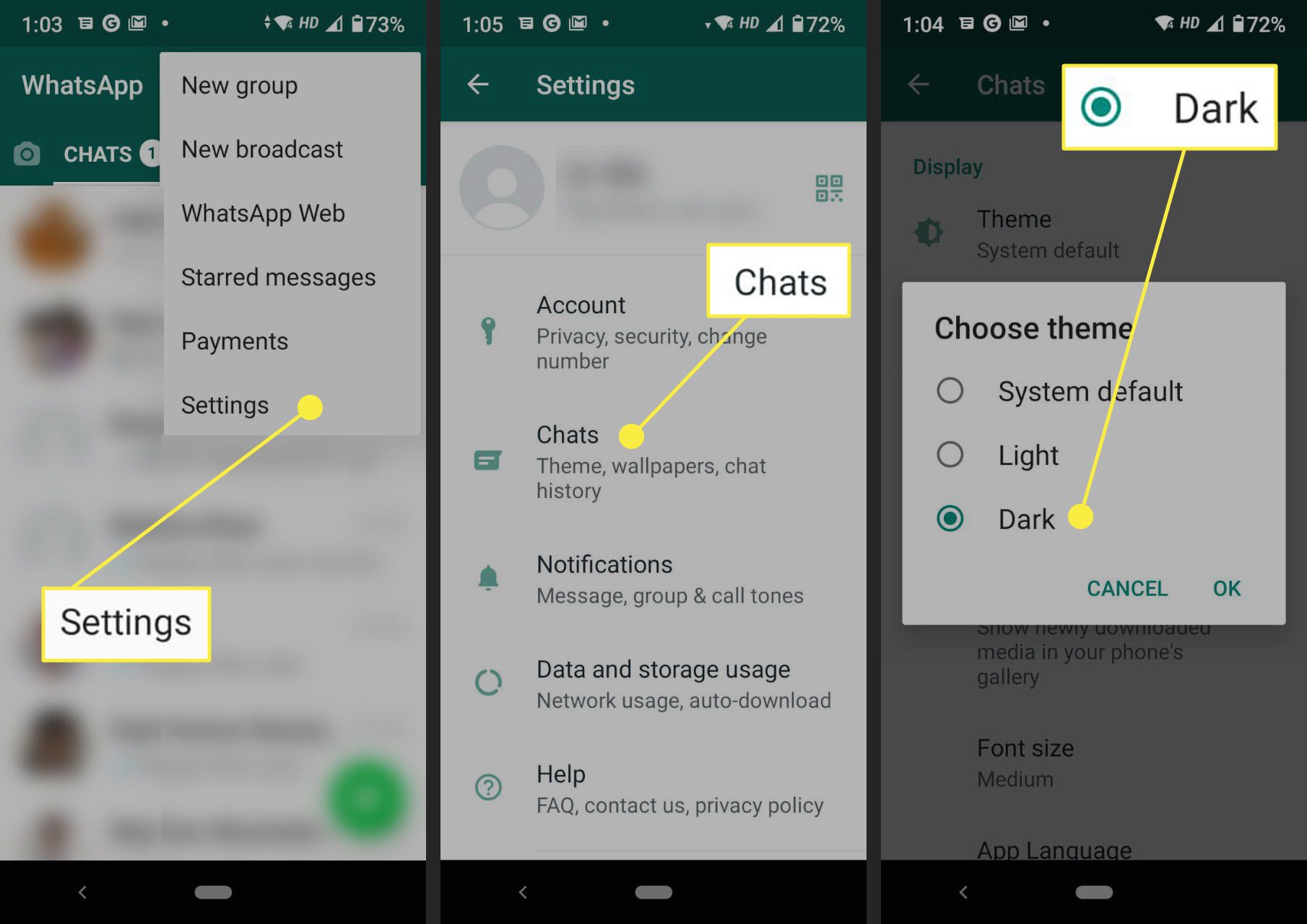 Επιλογή σκοτεινού θέματος στο WhatsApp Android.