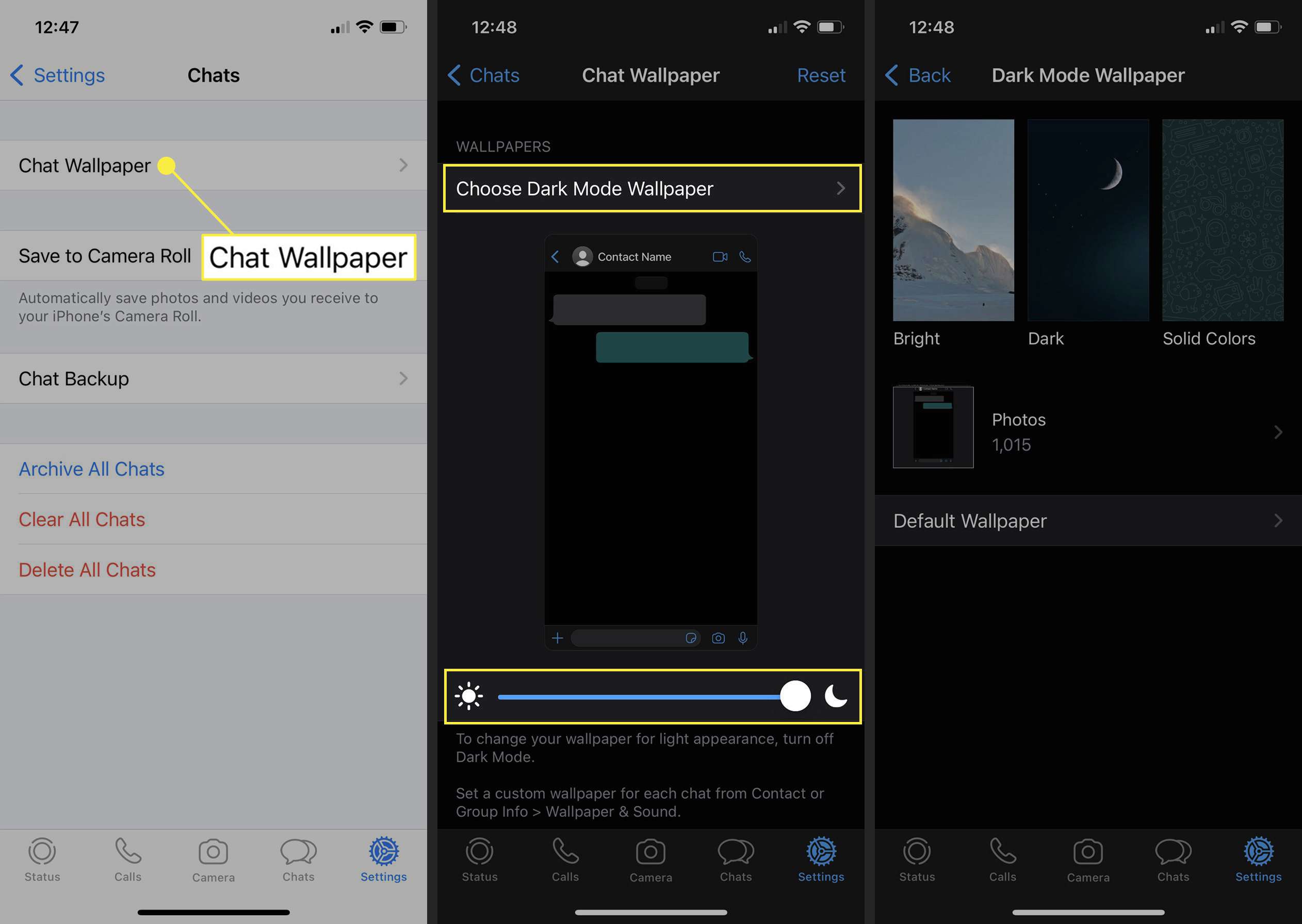 Επιλέγοντας μια σκοτεινή ταπετσαρία στο WhatsApp iOS.
