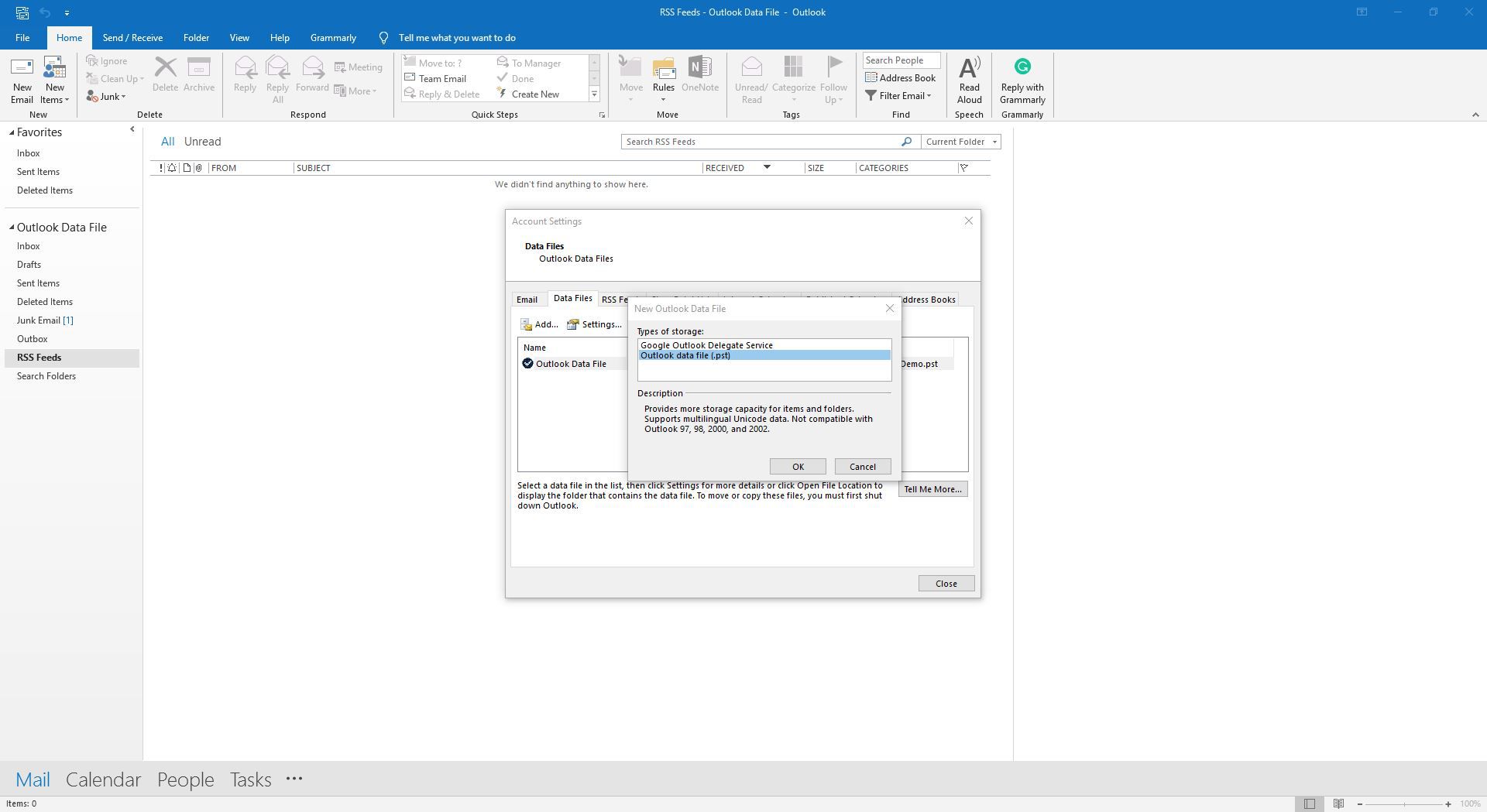 Ορίζοντας την επιλογή δημιουργίας νέου PST στο Outlook.