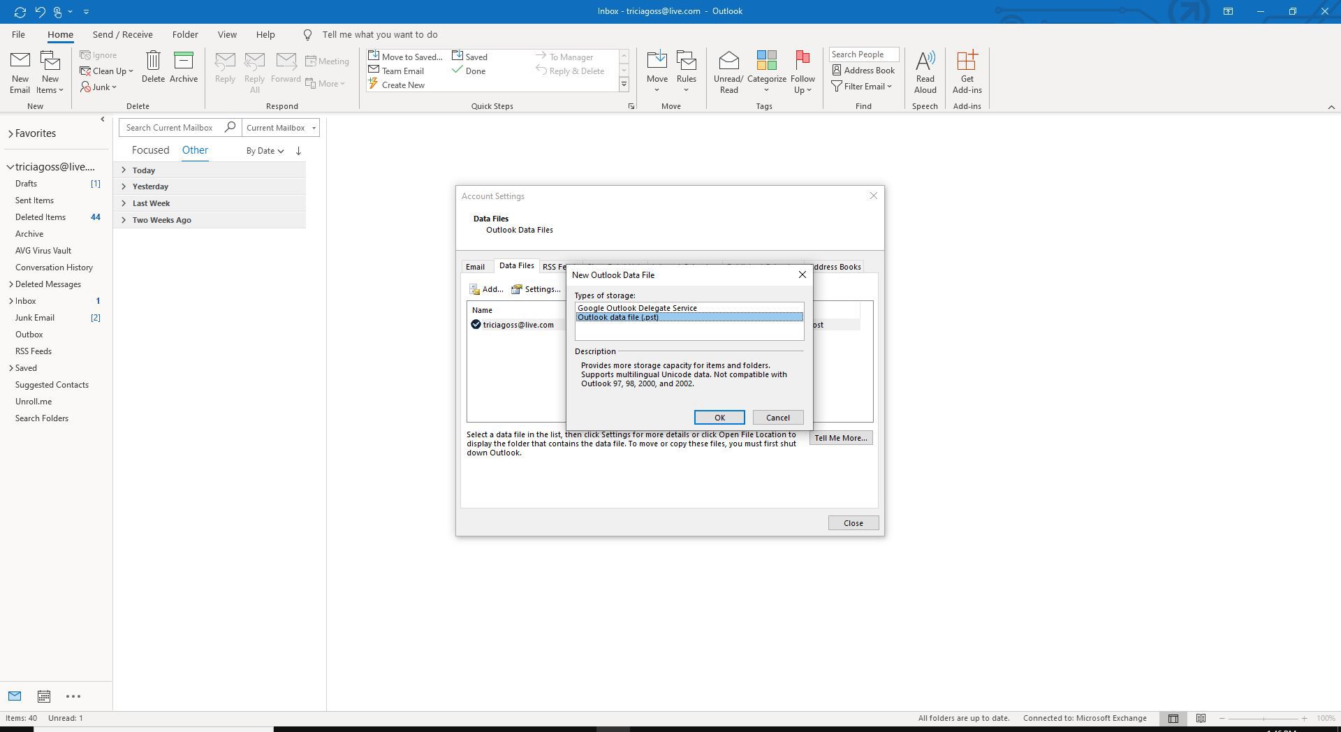 Στιγμιότυπο οθόνης του νέου αρχείου δεδομένων του Outlook