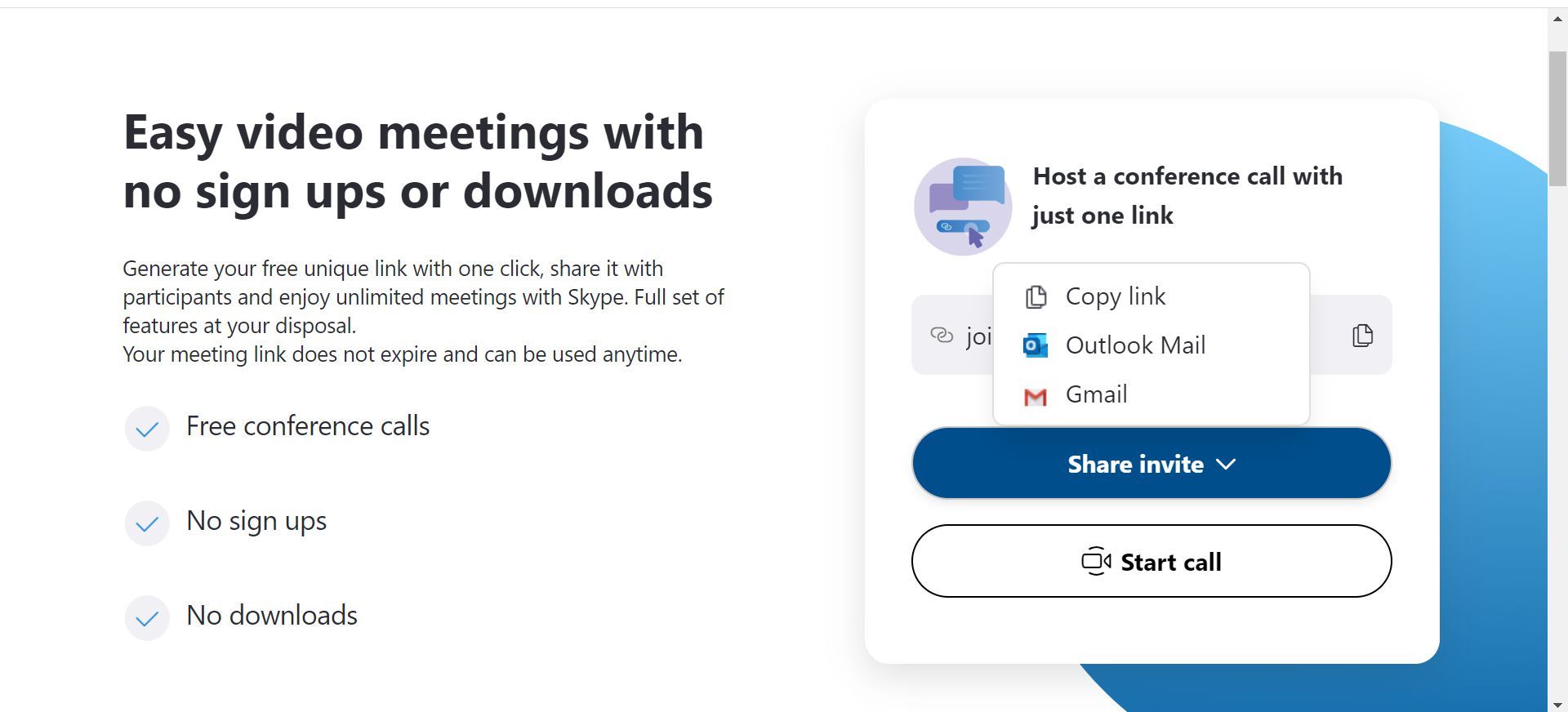 Κοινή χρήση συνδέσμου Skype Meet Now με συμμετέχοντες.