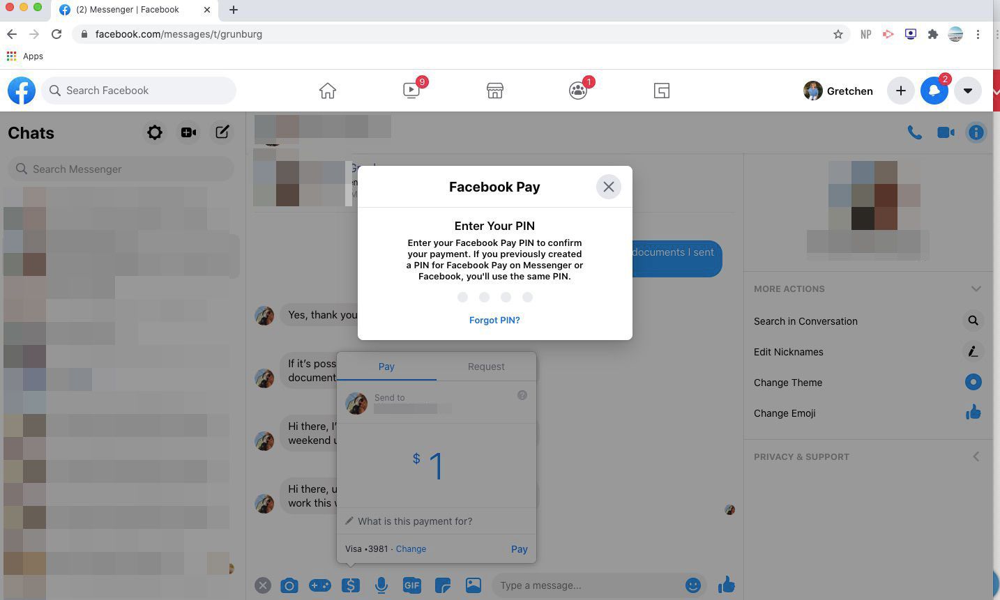 Το παράθυρο εισαγωγής PIN στο Messenger
