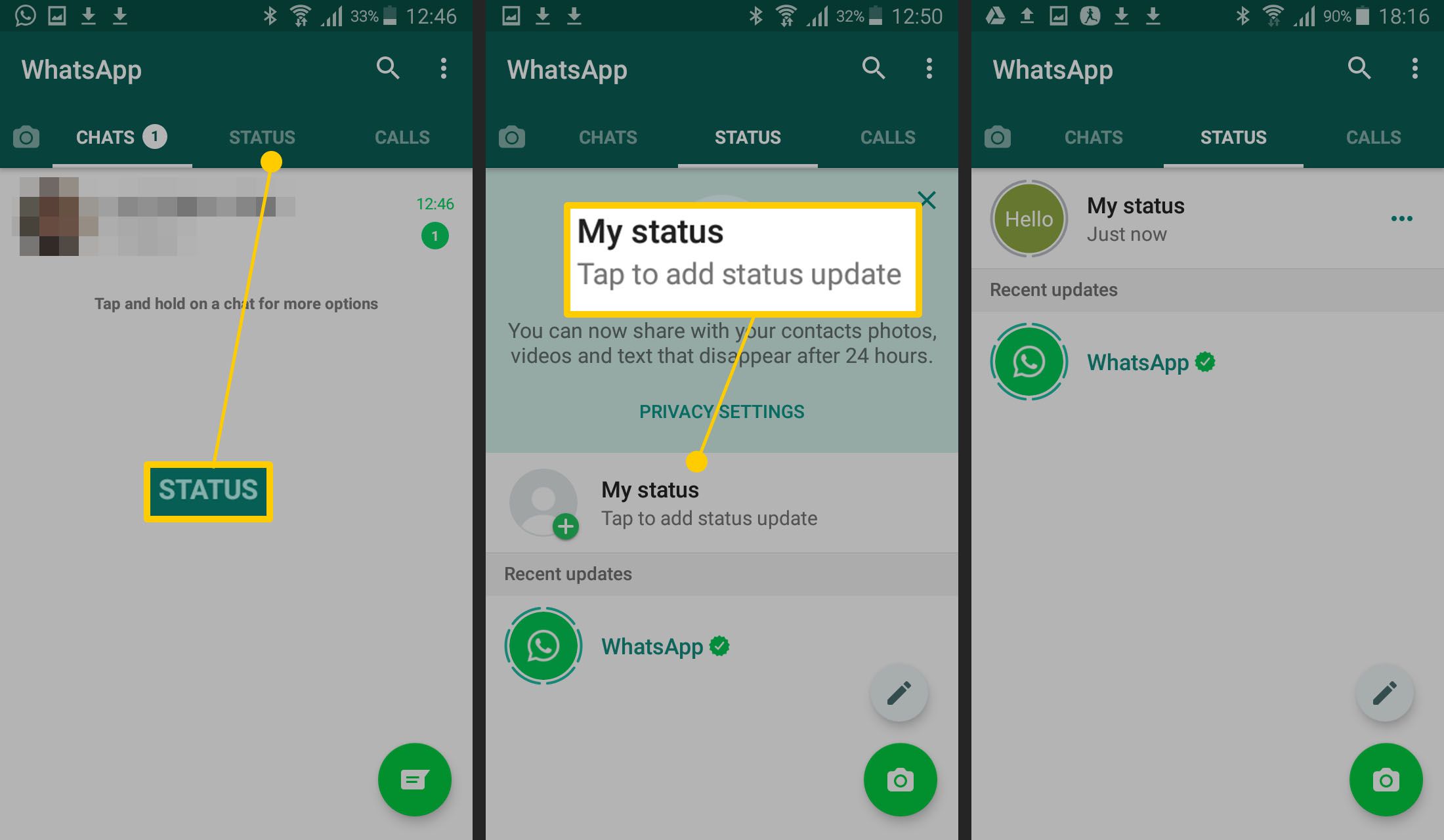Βήματα για την αλλαγή της κατάστασης του WhatsApp