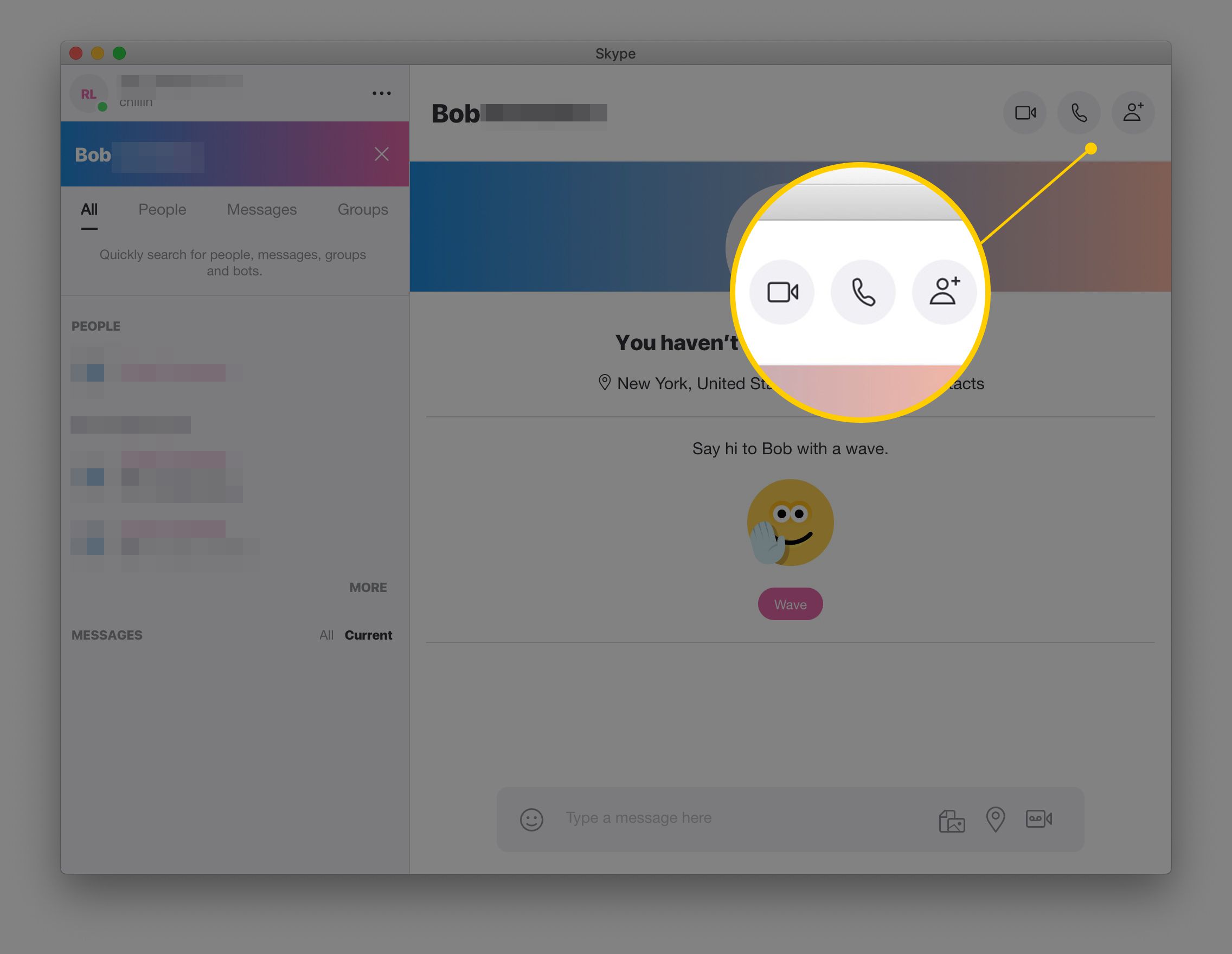 Τρία κουμπιά Skype στην έκδοση macOS του Skype: βιντεοκλήση, κλήση ήχου, προσθήκη ατόμου