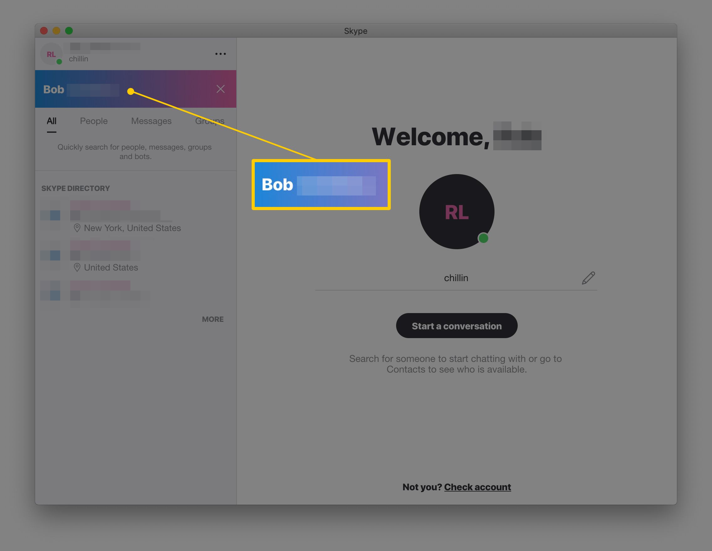 Στιγμιότυπο οθόνης του Skype σε macOS που δείχνει το πεδίο Αναζήτηση