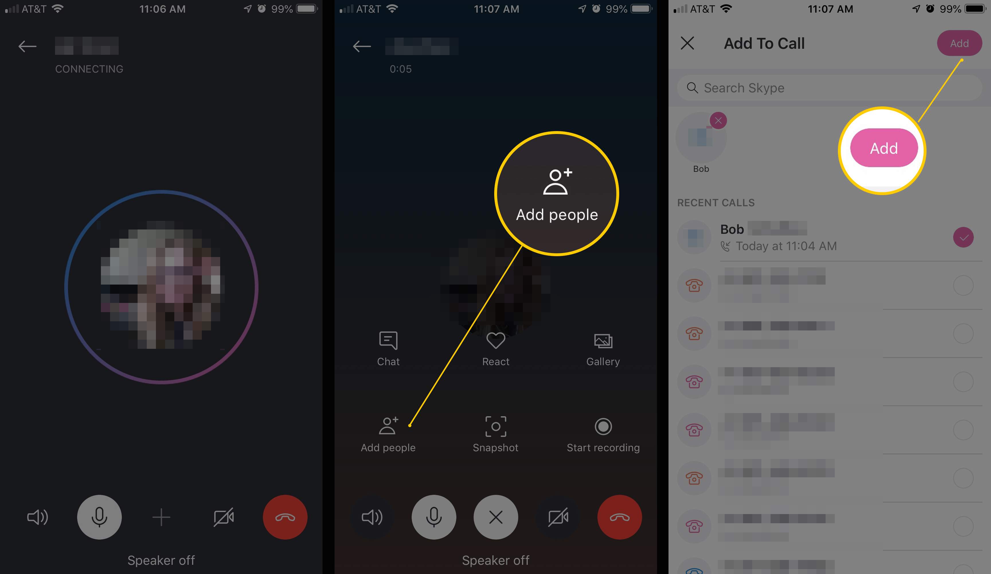 Τρεις οθόνες iOS της εφαρμογής Skype που εμφανίζουν κουμπιά Προσθήκη ατόμων και Προσθήκη