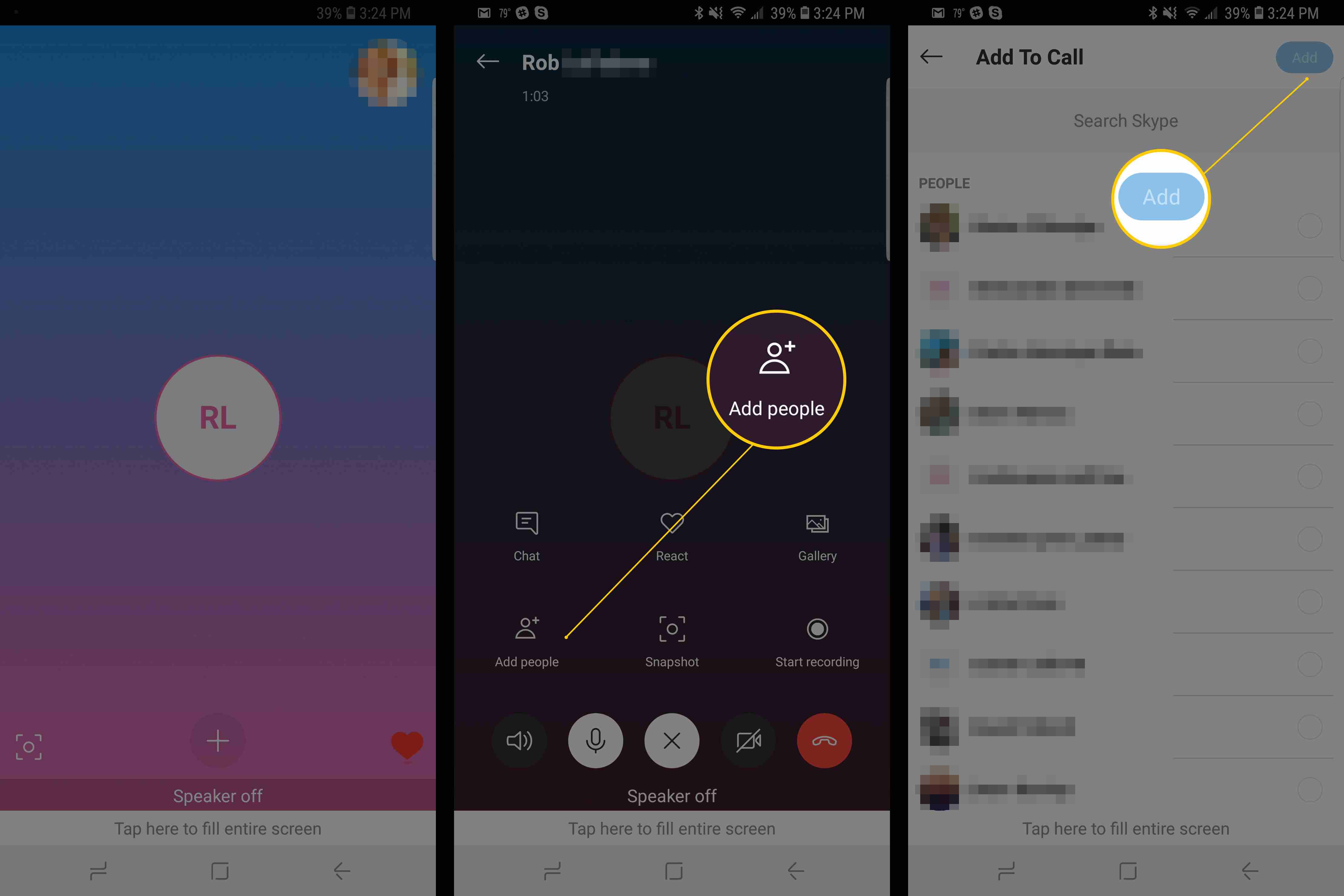 Τρεις οθόνες Android που εμφανίζουν κουμπιά κλήσεων Skype και Προσθήκη ατόμων