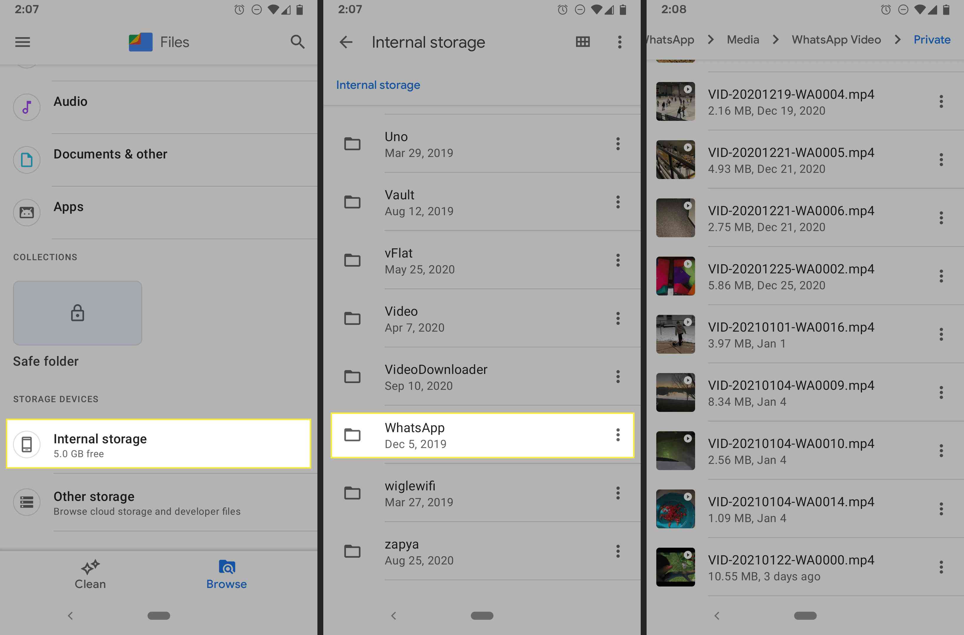 Εφαρμογή Google Files Android που εμφανίζει λήψεις βίντεο WhatsApp.