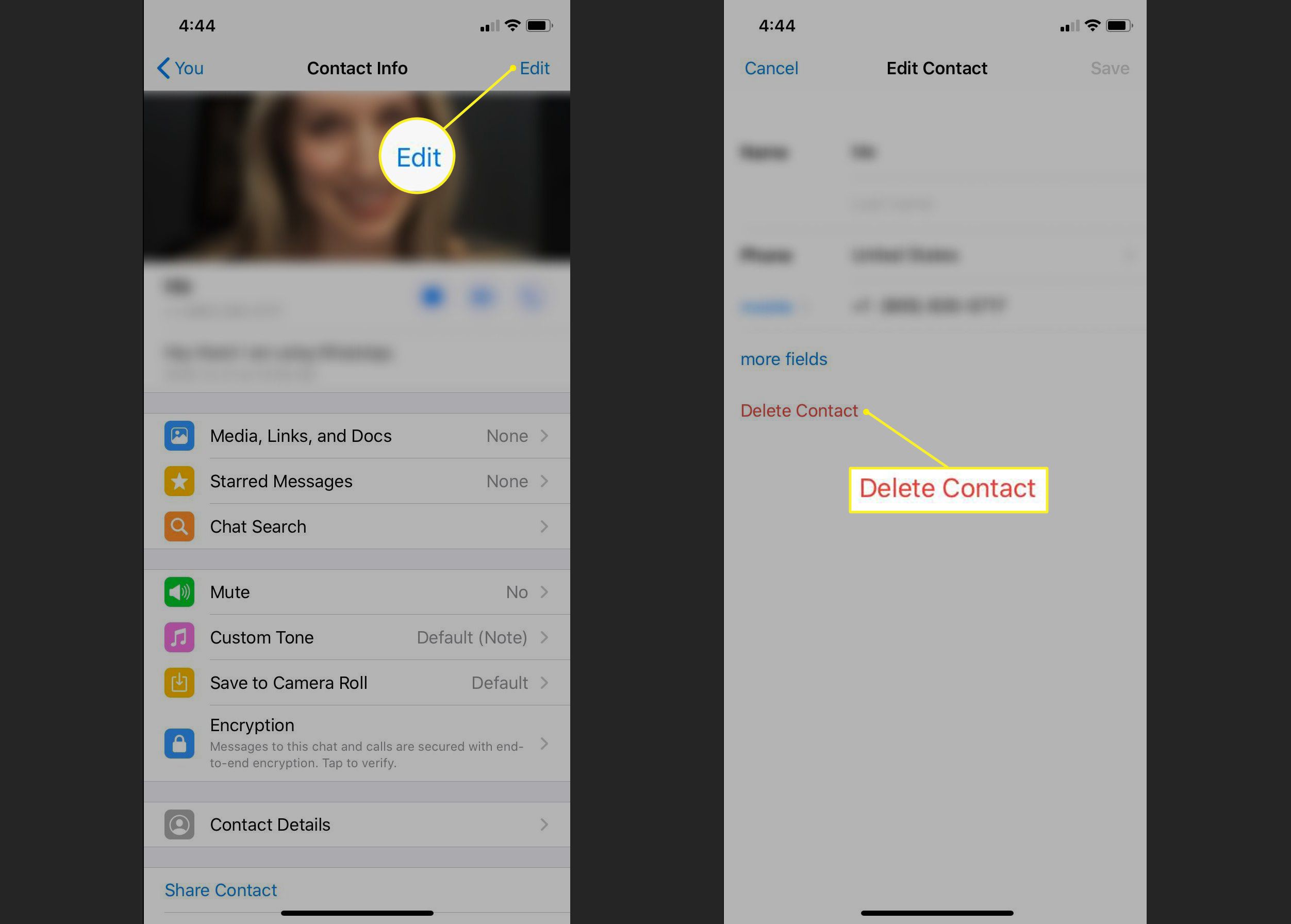 WhatsApp Επεξεργασία οθόνης επαφής με επισημασμένη τη Διαγραφή επαφής