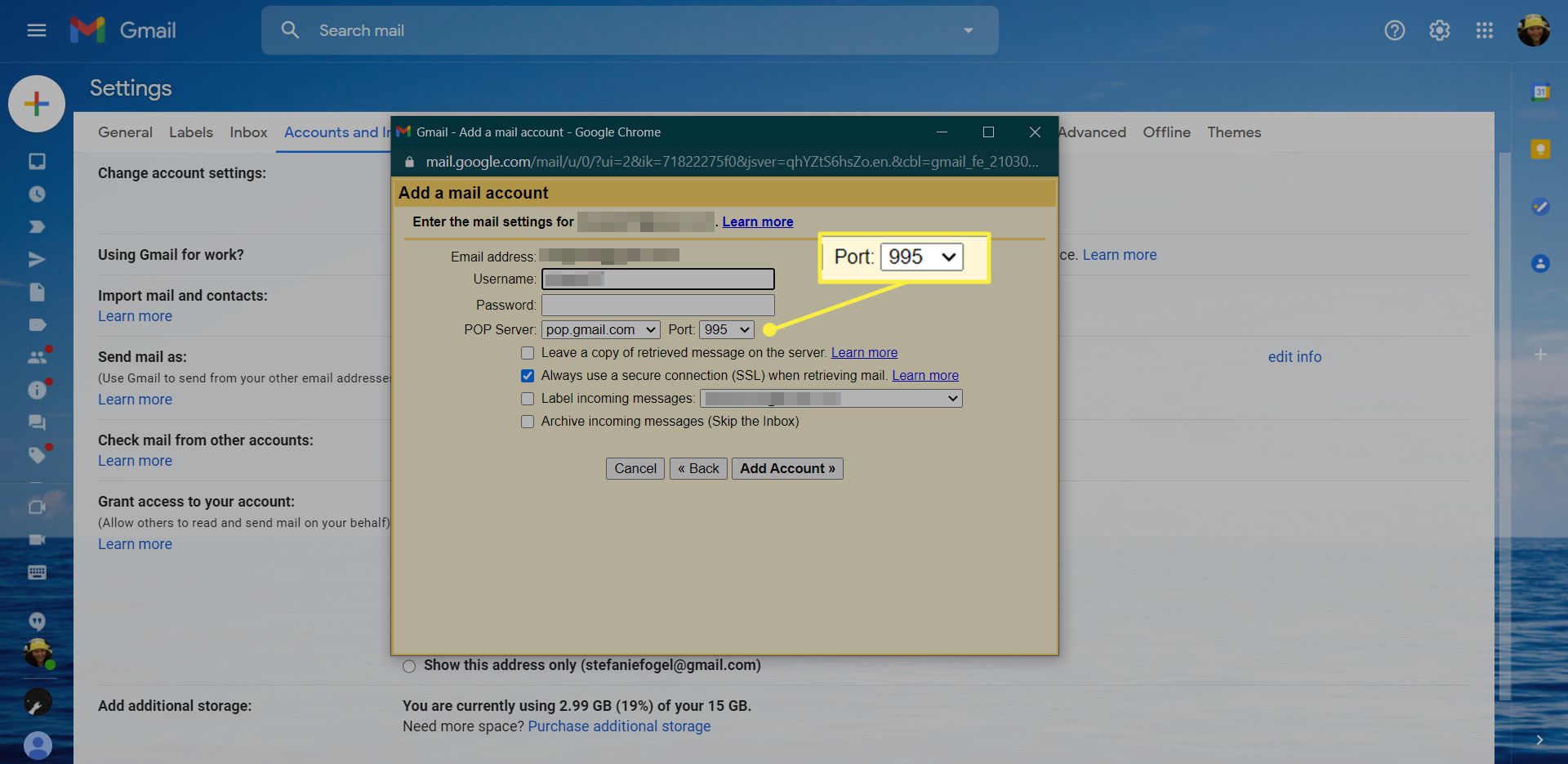 Gmail Προσθέστε ρυθμίσεις λογαριασμού email με επισημασμένη την επιλογή Port