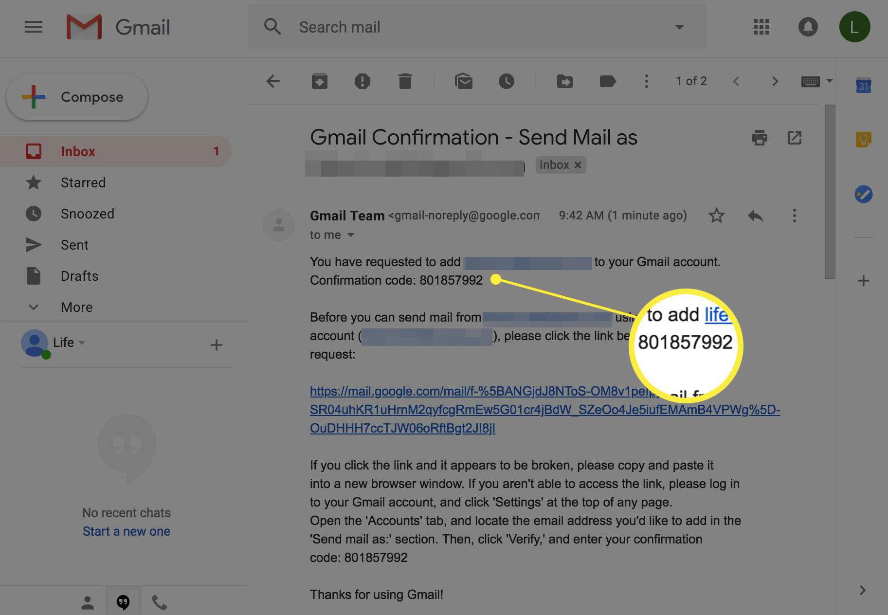 Ένα στιγμιότυπο οθόνης του Gmail με επισημασμένη τη σελίδα αποσύνδεσης
