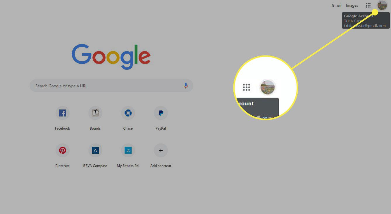 Ένα στιγμιότυπο οθόνης του Gmail με επισημασμένο το εικονίδιο λογαριασμού