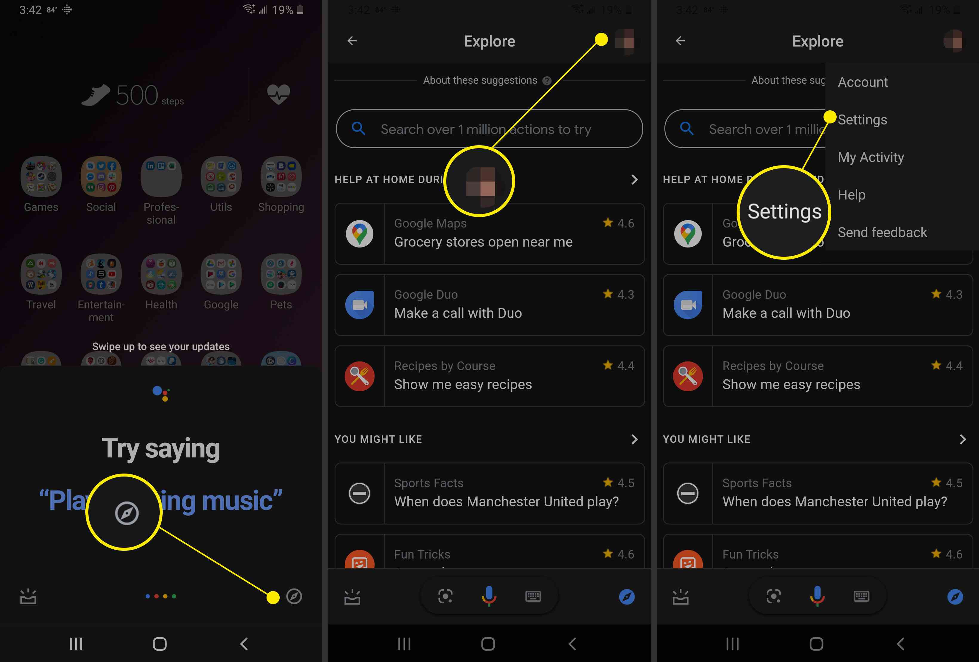 Στιγμιότυπα οθόνης που μεταβαίνουν στην ενότητα Εξερεύνηση ρυθμίσεων σε μια συσκευή Android.