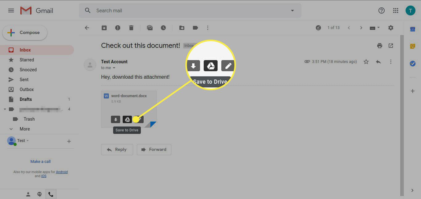 Το Gmail με επισημασμένο το κουμπί Αποθήκευση στο Drive