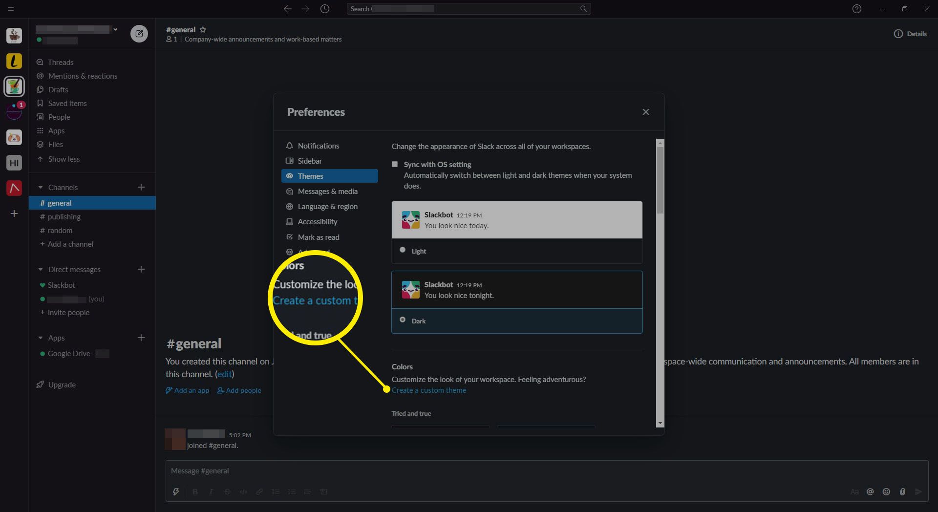 Επιλογή για προσαρμογή ενός θέματος στο Slack.