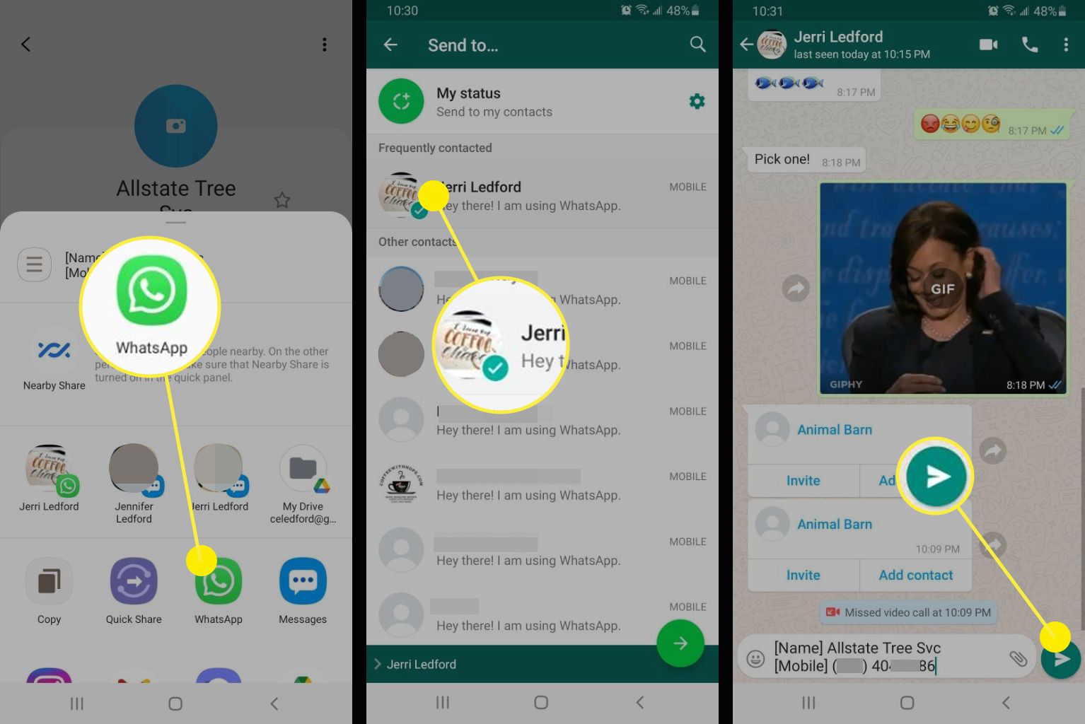 Στιγμιότυπα οθόνης αποστολής επαφής Android στο WhatsApp.