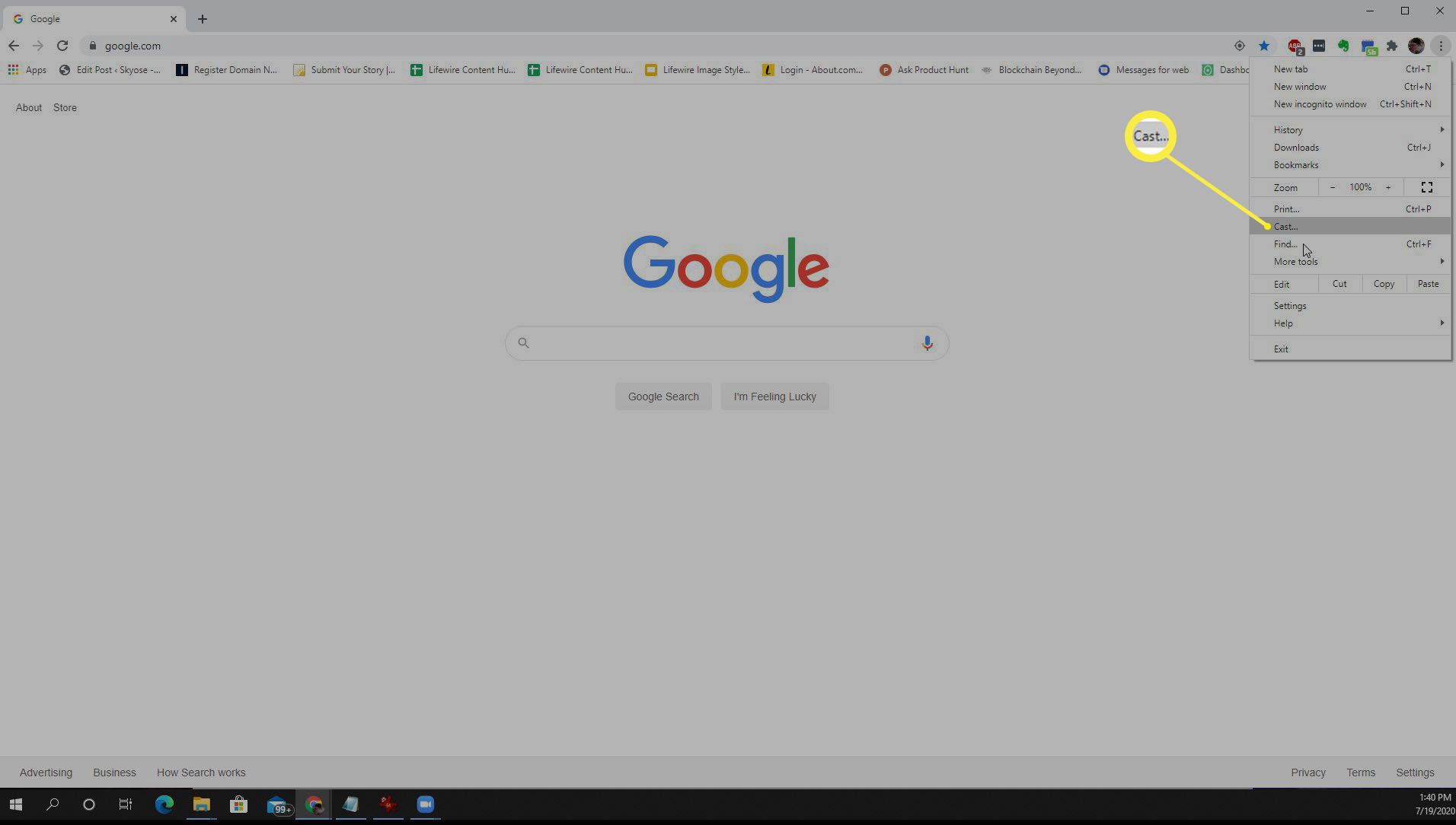 Στιγμιότυπο οθόνης της επιλογής Cast στο Chrome.