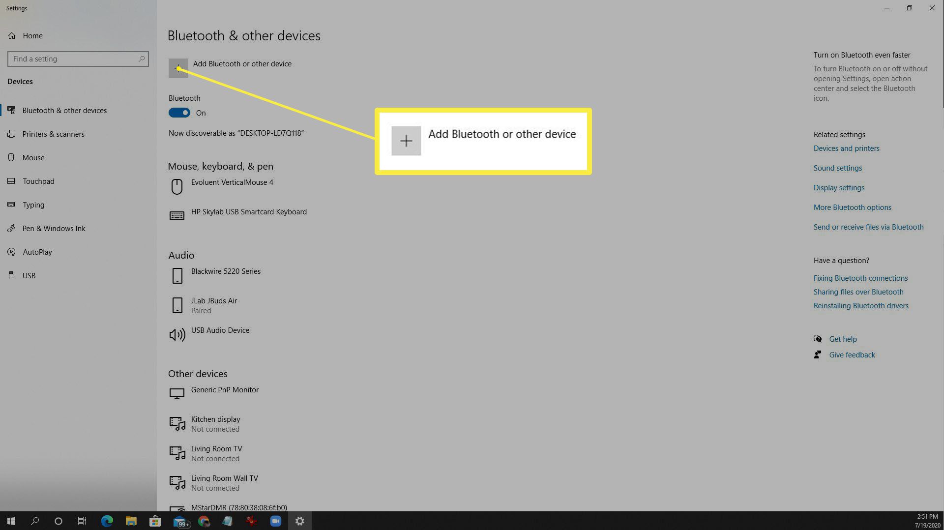 Στιγμιότυπο οθόνης των ρυθμίσεων Bluetooth στα Windows 10.