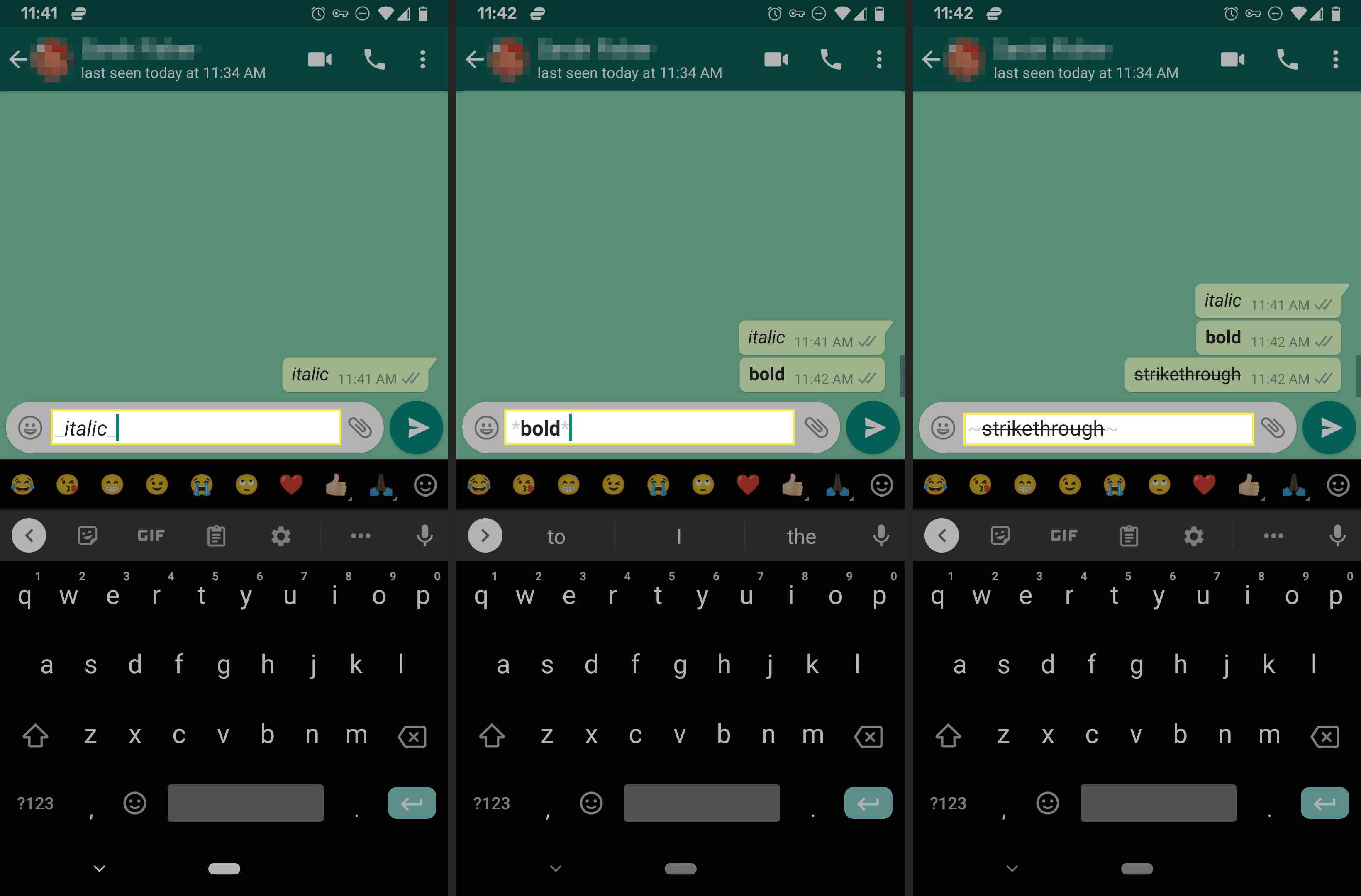 Πλάγιο, έντονο και διακριτικό κείμενο στο WhatsApp σε Android.