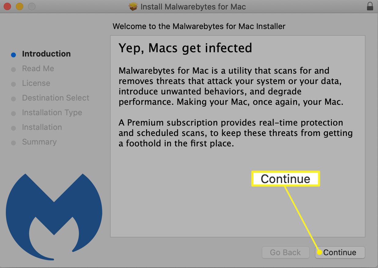 Παράθυρο διαλόγου εγκατάστασης Malwarebytes για Mac