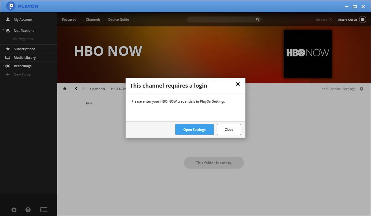 Ένα στιγμιότυπο οθόνης του HBO Now στο PlayOn.