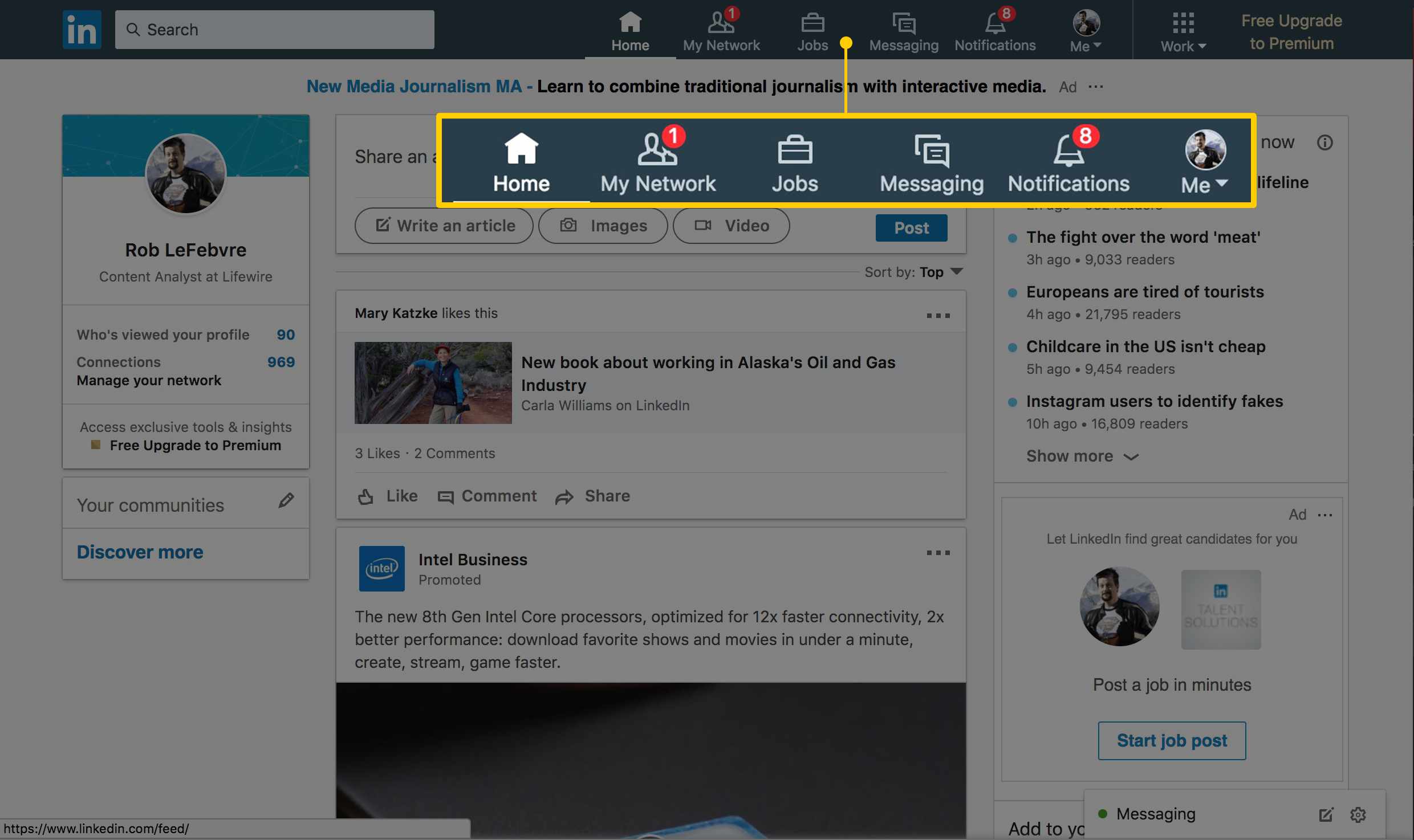 Στιγμιότυπο οθόνης της κύριας ιστοσελίδας Linkedin που εστιάζει στη γραμμή πλοήγησης: Αρχική σελίδα, το δίκτυό μου, εργασίες, μηνύματα, ειδοποιήσεις, εγώ