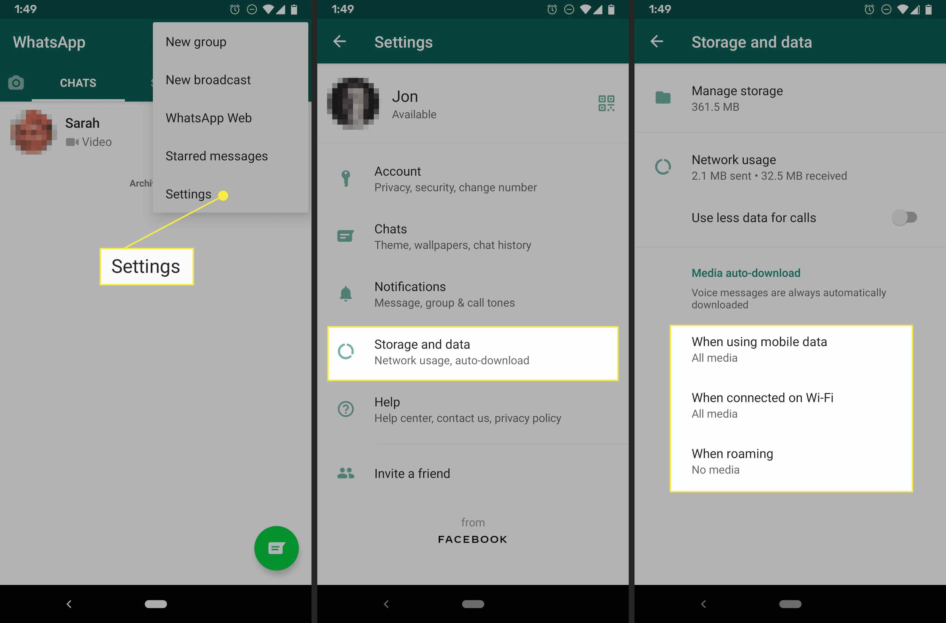 Ρυθμίσεις WhatsApp και επιλογές αποθήκευσης και δεδομένων.