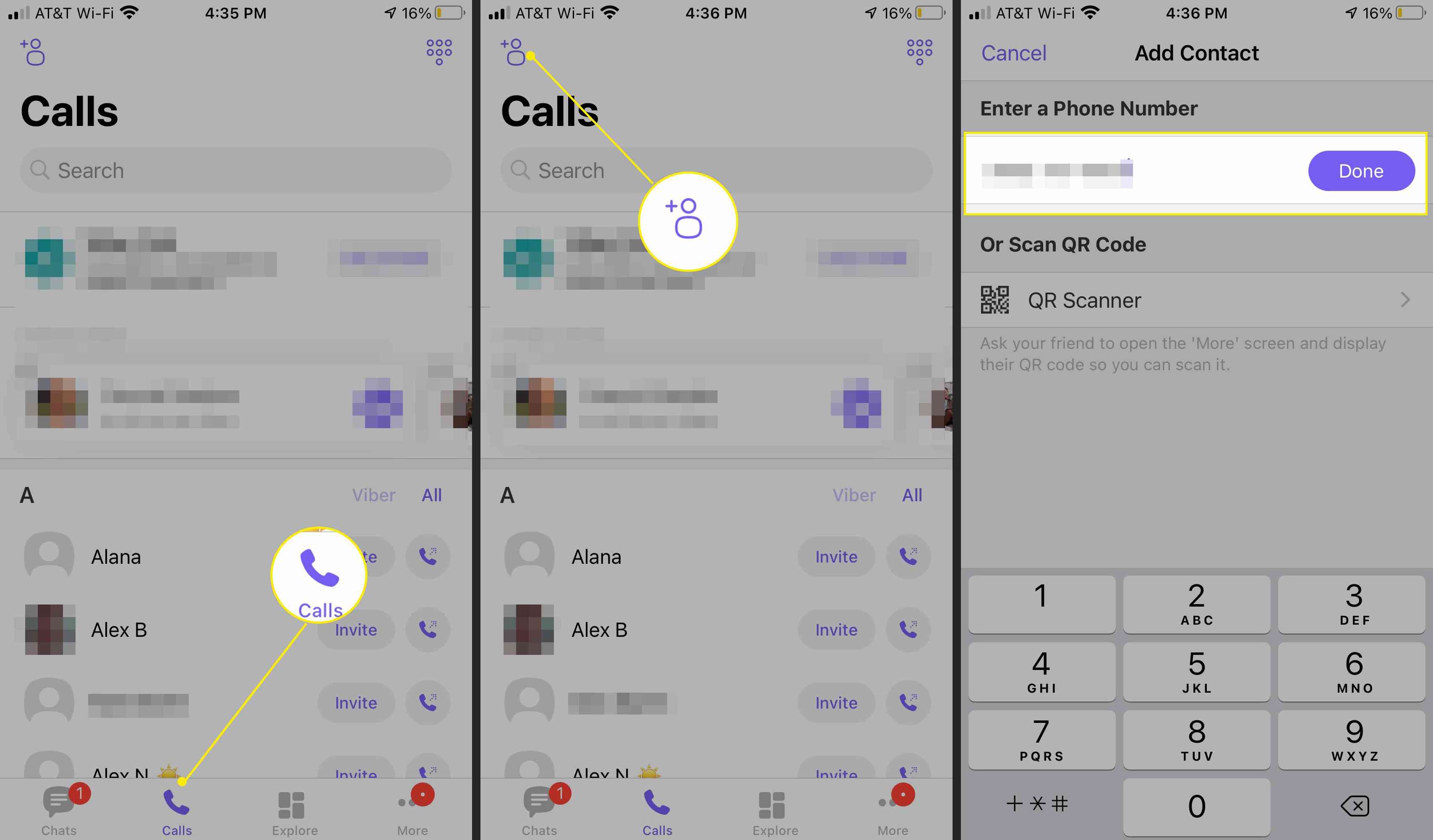 Οθόνες εφαρμογών Viber με "Κλήσεις", "Προσθήκη εικονιδίου επαφής" και επισημασμένο "Τέλος"