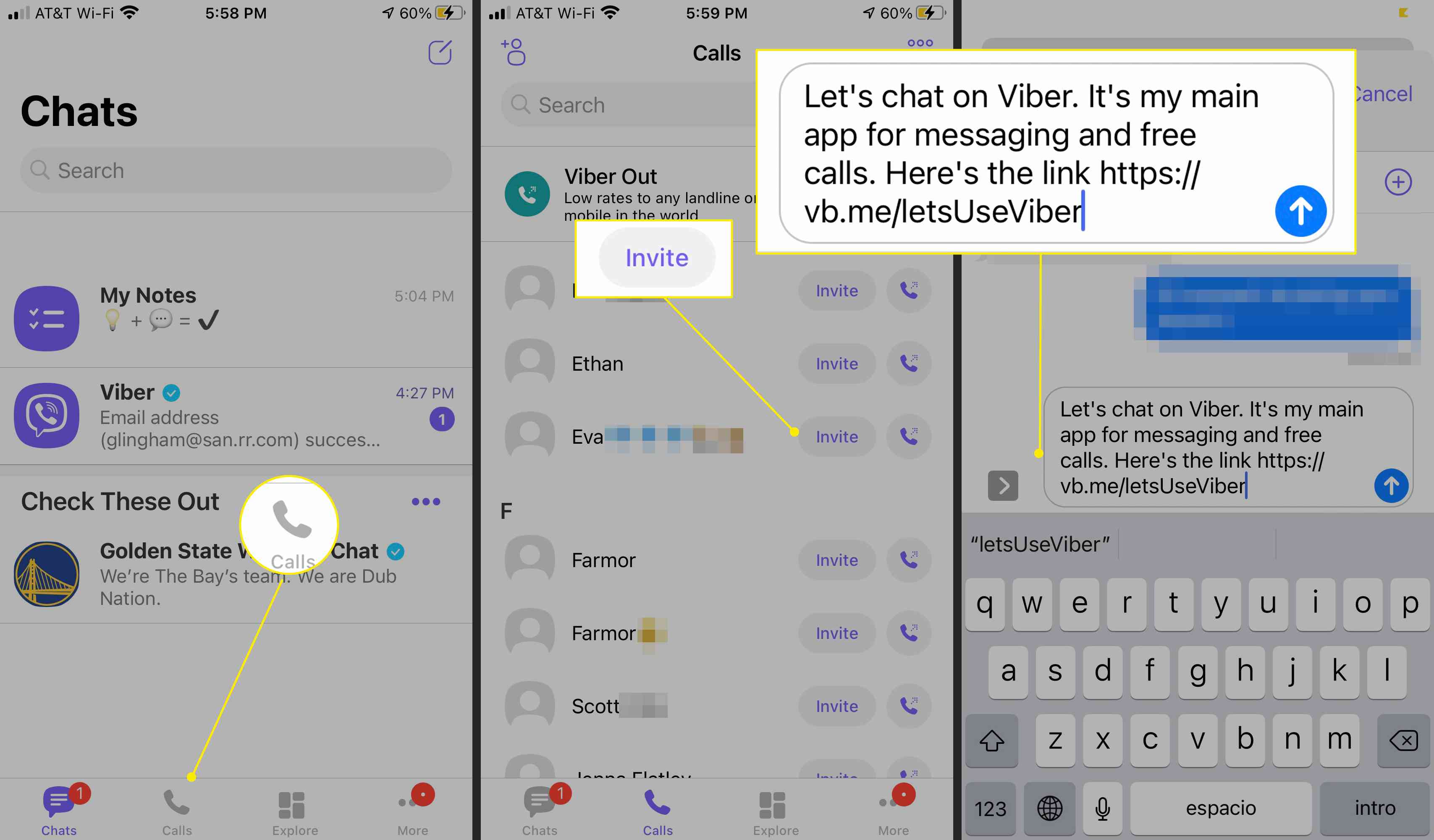 Οθόνη εφαρμογής Viber που δείχνει τον τρόπο αποστολής πρόσκλησης σε μια τρέχουσα επαφή