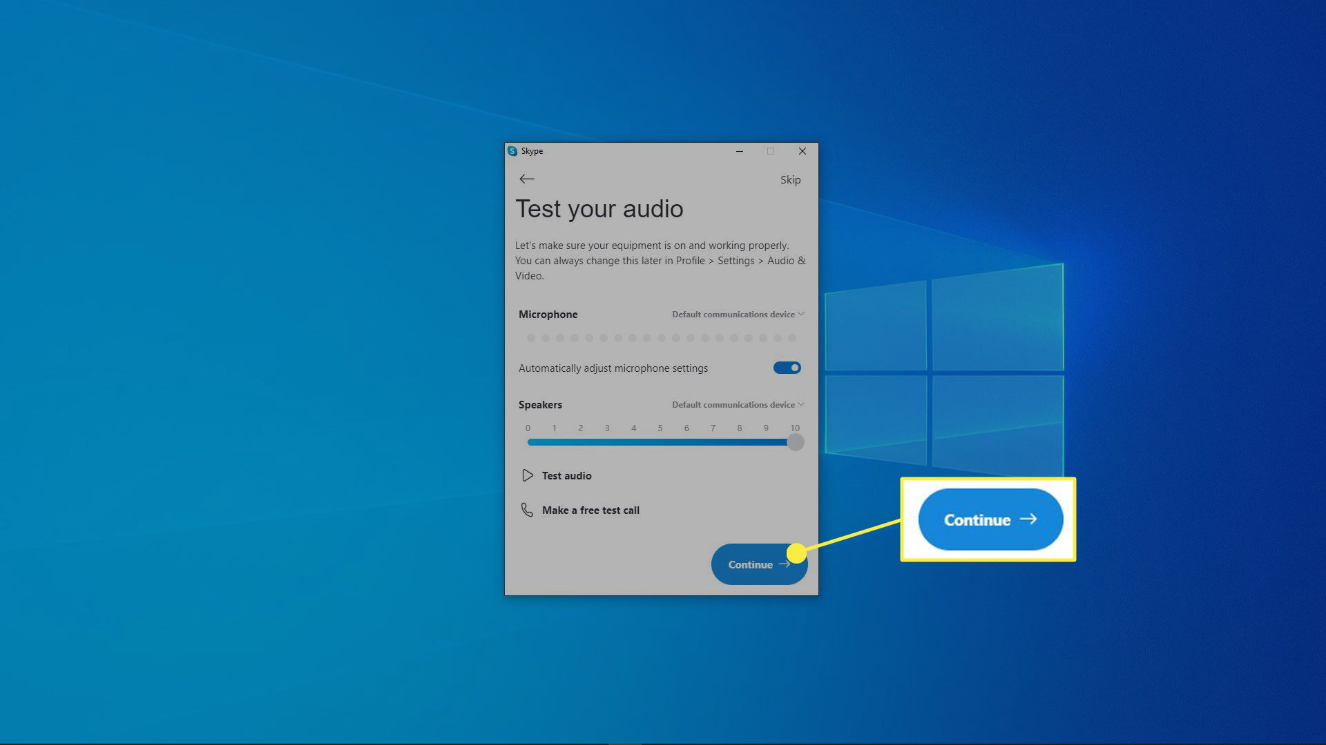 Ένα στιγμιότυπο οθόνης της δοκιμής ήχου Skype.