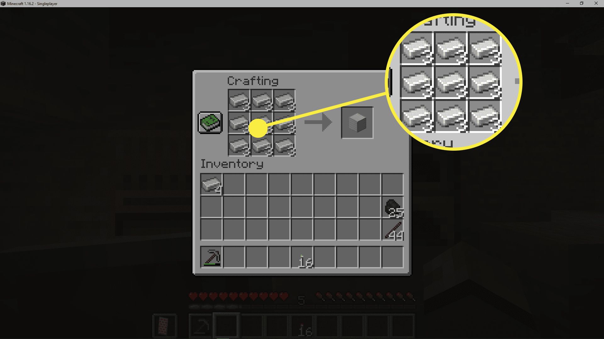 Ένα στιγμιότυπο οθόνης για κατασκευή σιδερένιων μπλοκ στο Minecraft.