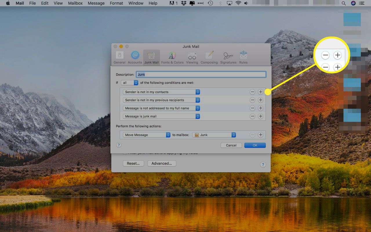 Προηγμένες επιλογές Junk Mail στο Apple Mail με επισημασμένα τα κουμπιά συν και πλην