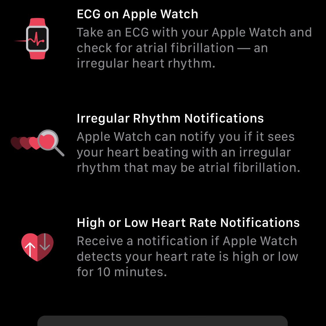 Ένα στιγμιότυπο οθόνης πληροφοριών σχετικά με τις λειτουργίες υγείας του Apple Watch
