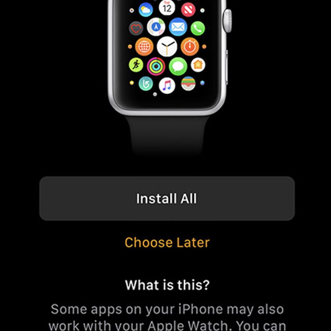 Μια οθόνη που προσφέρει επιλογές για την εγκατάσταση εφαρμογών στο Apple Watch