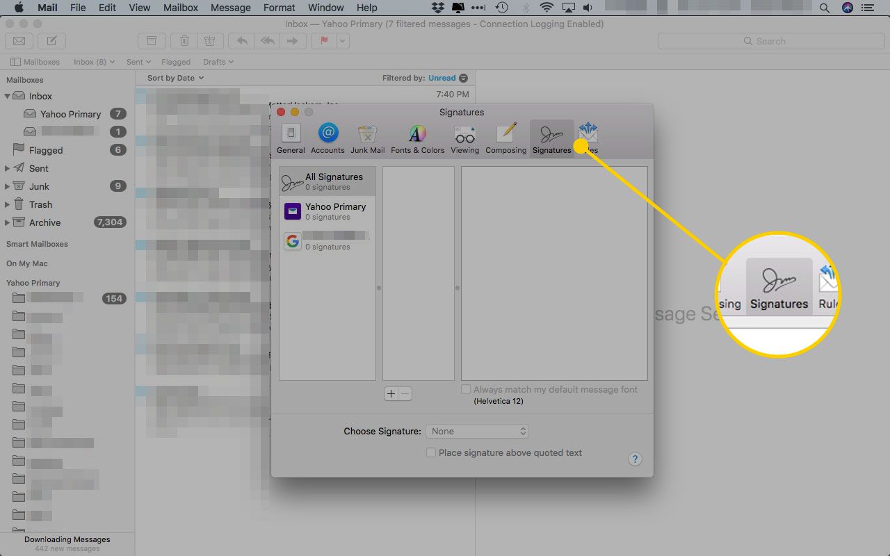 Οι προτιμήσεις της Apple Mail με επισημασμένη την καρτέλα Υπογραφές