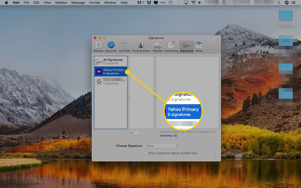Παράθυρο προτιμήσεων Apple Mail Signatures με επισημασμένη μια διεύθυνση email