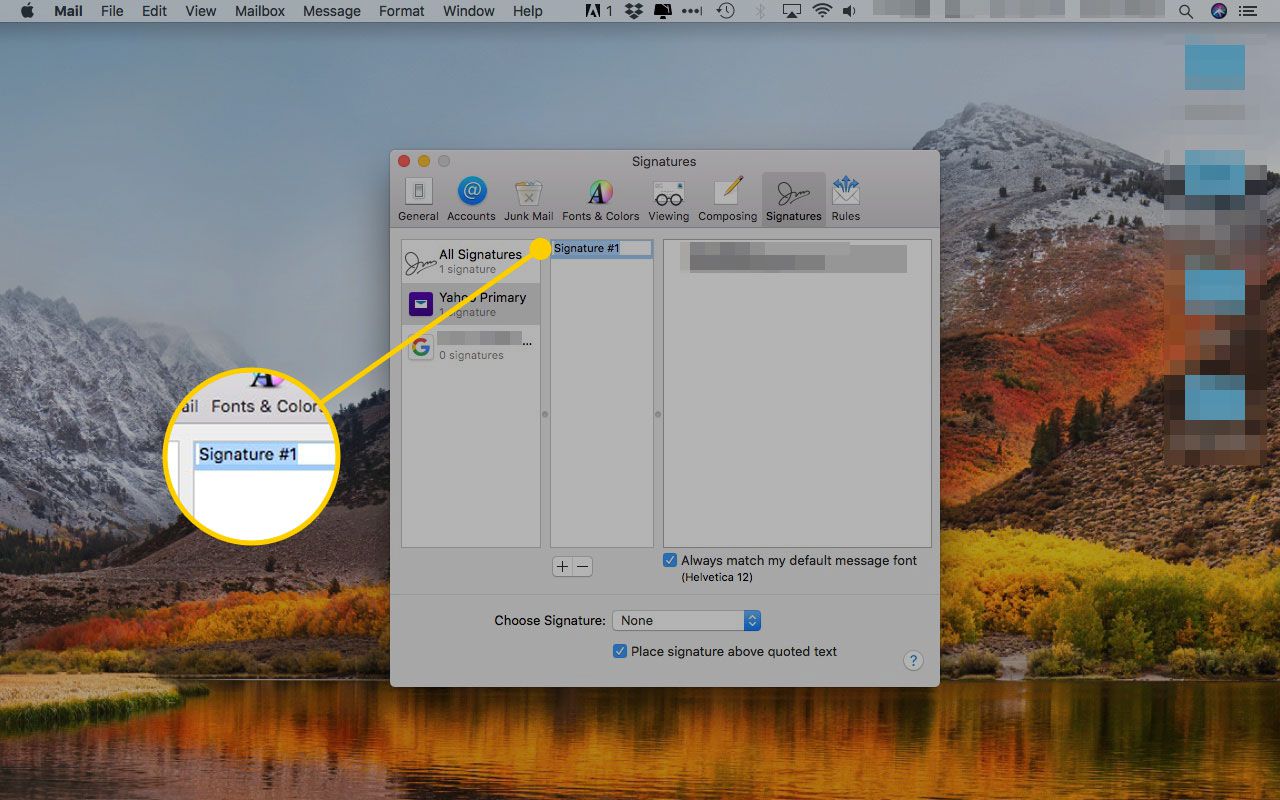 Το παράθυρο προτιμήσεων Apple Mail Signatures με επισημασμένο το πεδίο ονόματος υπογραφής
