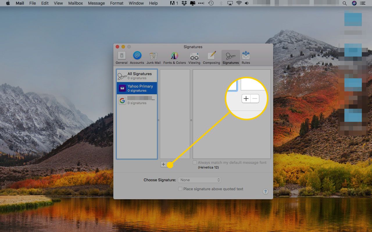 Παράθυρο υπογραφών Apple Mail με το σύμβολο συν επισημασμένο