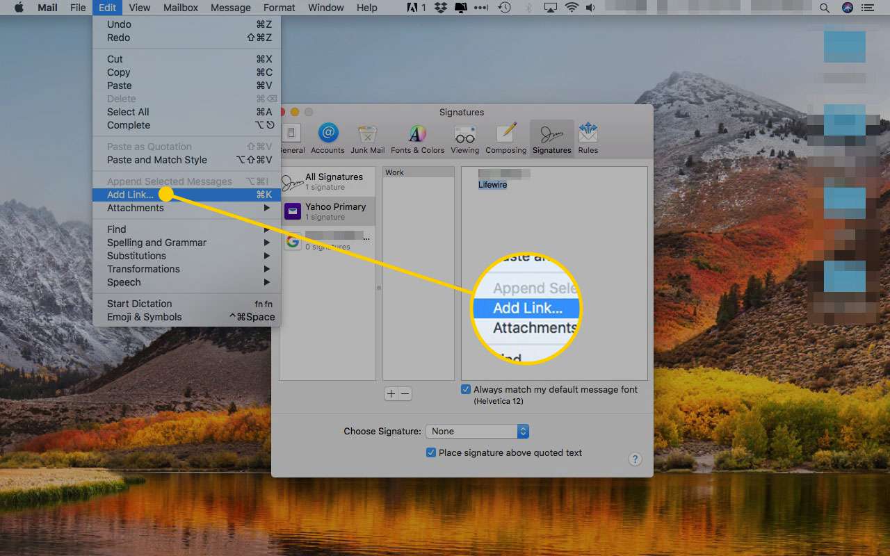 Apple Mail με την επιλογή Προσθήκη συνδέσμου στο επισημασμένο μενού Επεξεργασία