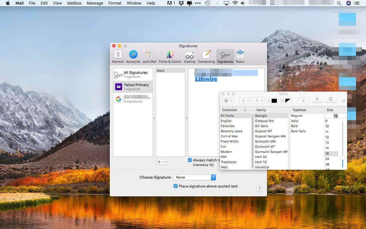 Παράθυρο γραμματοσειρών στο Apple Mail