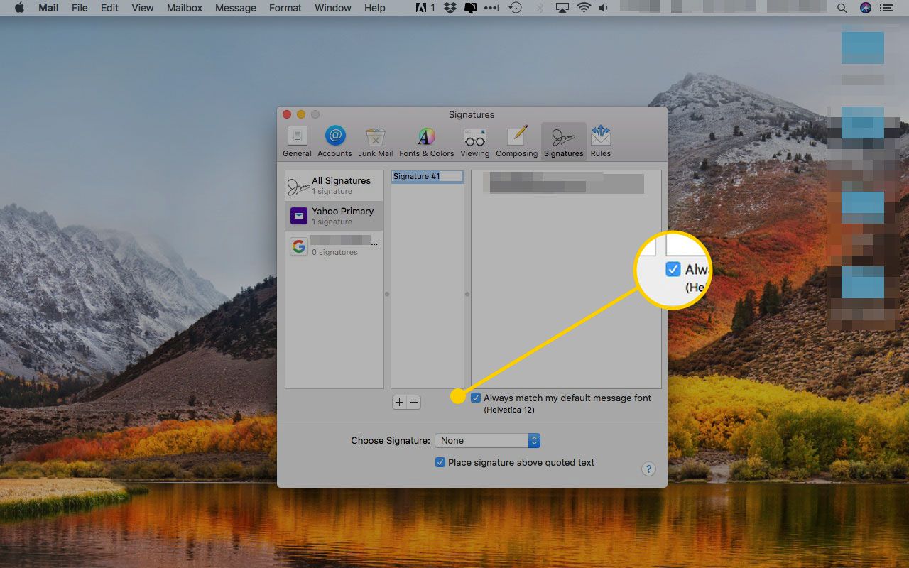 Παράθυρο υπογραφών στο Apple Mail με το πλαίσιο "Να ταιριάζει πάντα η προεπιλεγμένη γραμματοσειρά μου"
