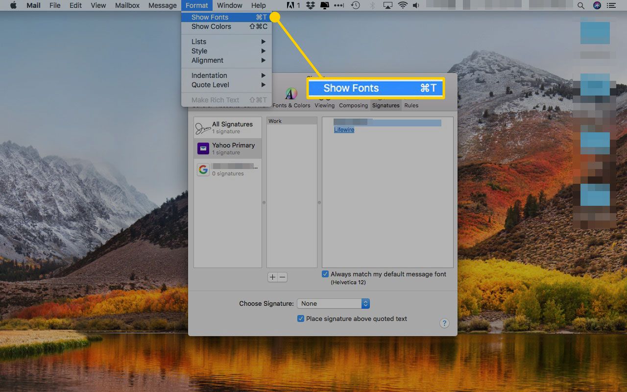 Apple Mail με την επιλογή Εμφάνιση γραμματοσειρών στο επισημασμένο μενού Μορφή