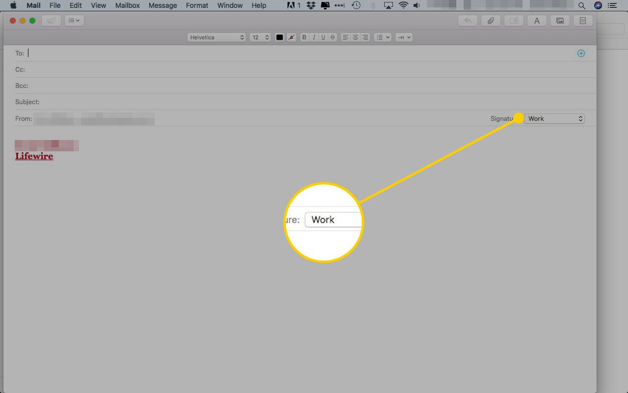 Ένα νέο μήνυμα στο Apple Mail με επισημασμένο το αναπτυσσόμενο μενού Υπογραφή