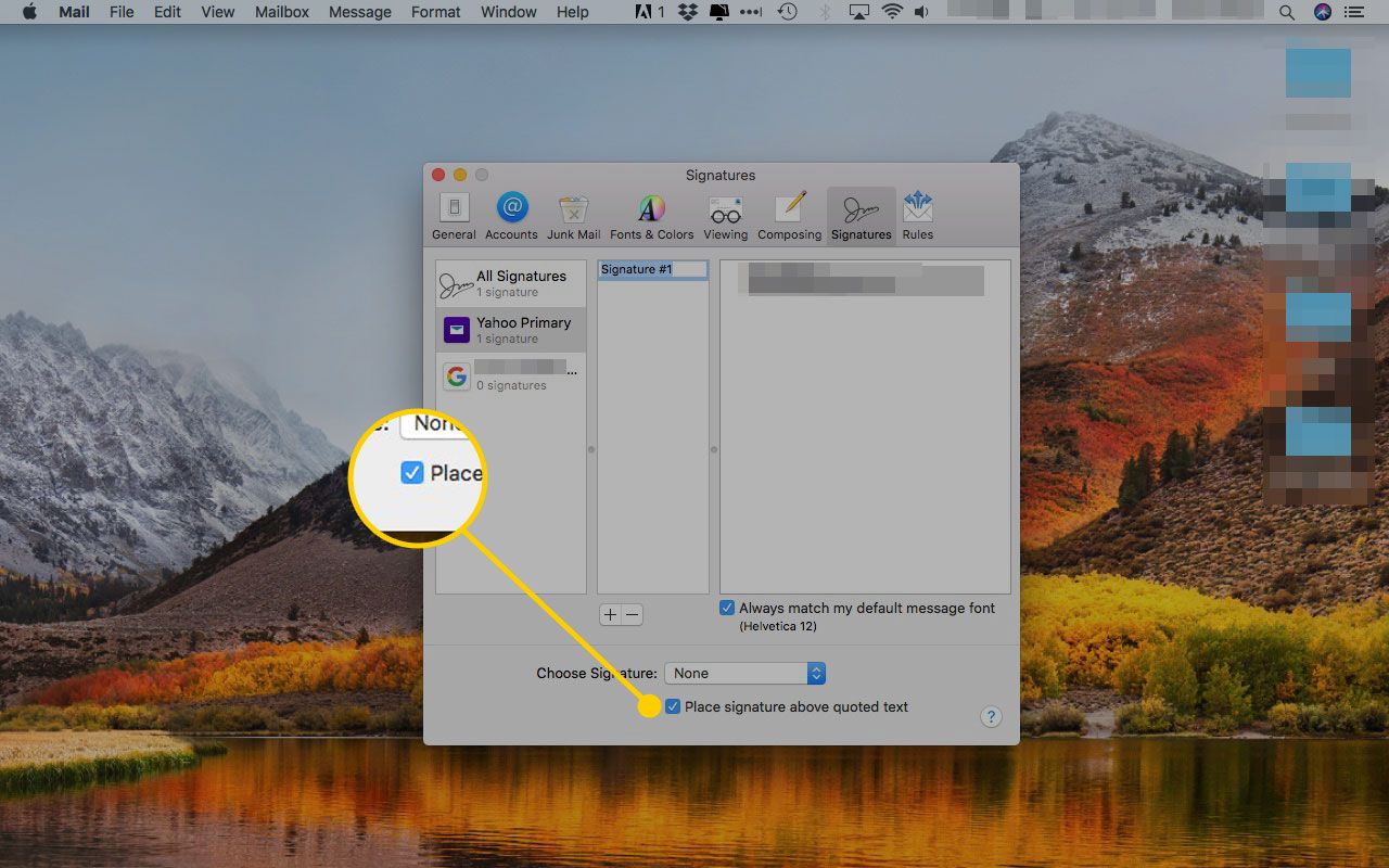 Οι προτιμήσεις υπογραφών της Apple Mail με το "τοποθετήστε την υπογραφή πάνω από το κείμενο που αναφέρεται" επισημασμένο πλαίσιο