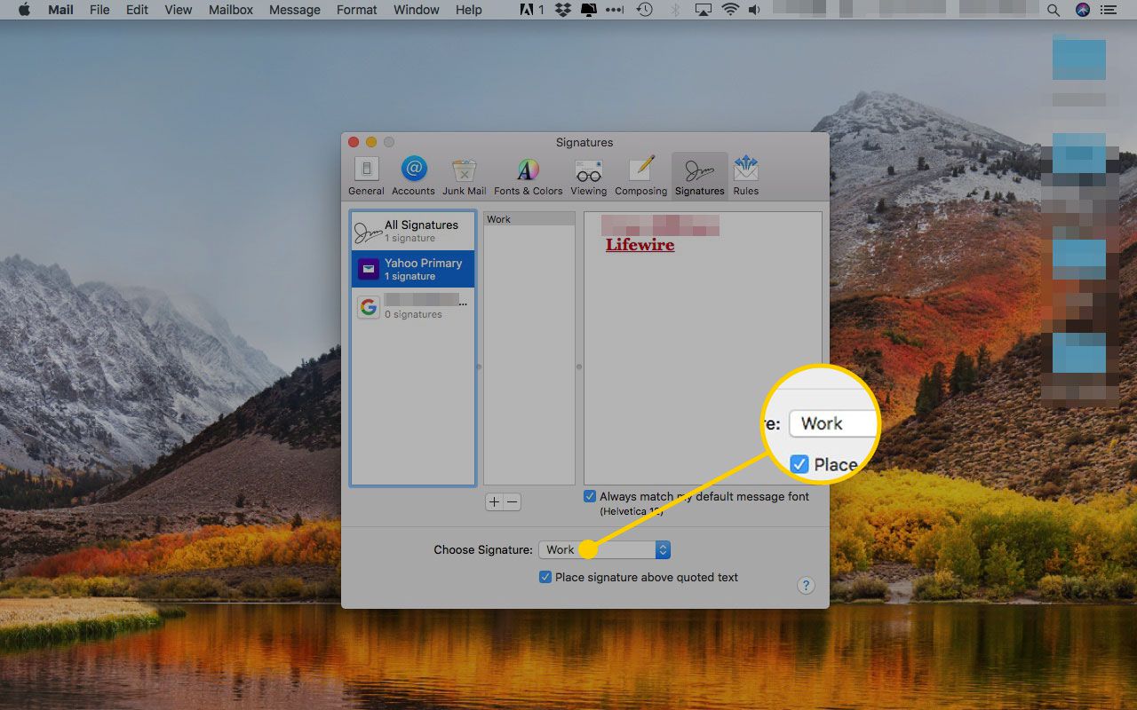 Η καρτέλα Υπογραφές των προτιμήσεων της Apple Mail με το επισημασμένο μενού "Επιλογή υπογραφής" επισημαίνεται