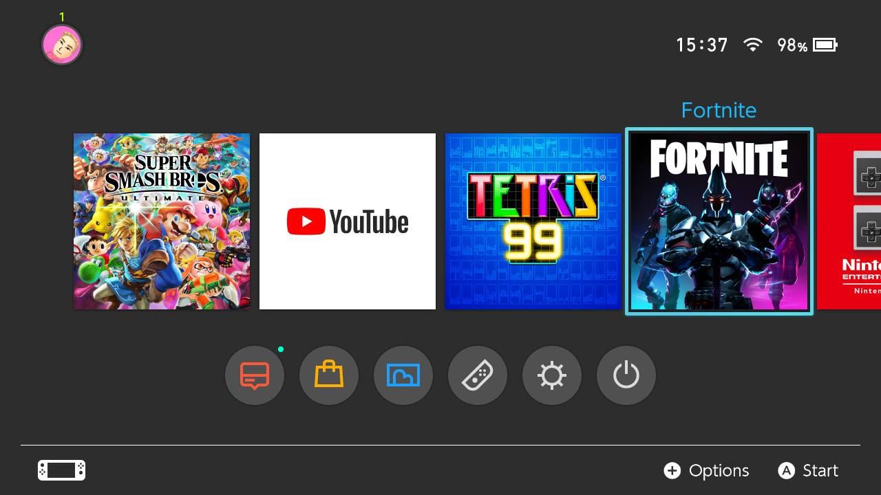 Επιλέχθηκε η αρχική οθόνη Nintendo Switch με το εικονίδιο βιντεοπαιχνιδιού Fortnite.