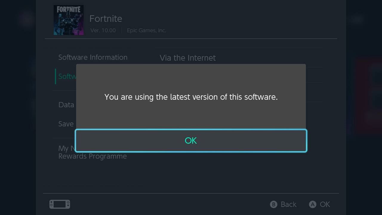 Στιγμιότυπο οθόνης της κονσόλας Nintendo Switch που ελέγχει για ενημέρωση του βιντεοπαιχνιδιού Fortnite.