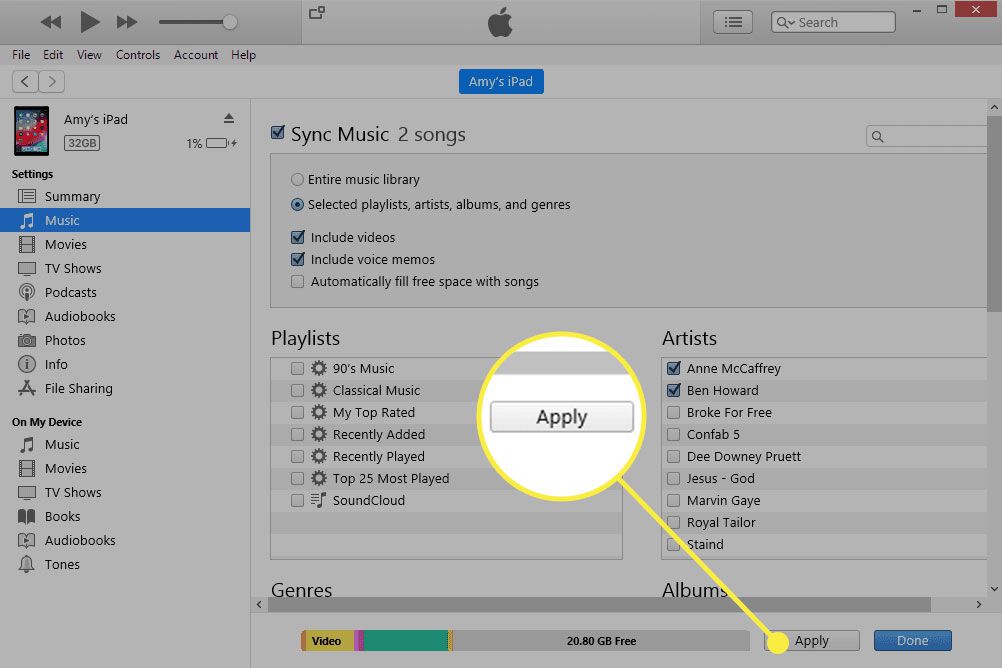iTunes με επισημασμένο το κουμπί Εφαρμογή