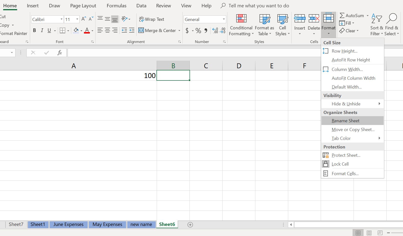 Μενού Excel όπου οι χρήστες μπορούν να μετονομάσουν το φύλλο